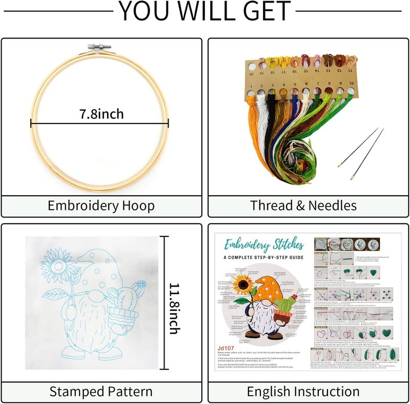Nuberlic Sunflower Embroidery Kit for Beginners, Full Set of Stamped Gnome Cross Stitch Kit for Adults Including Threads, Hoops and Instruction - Image 2
